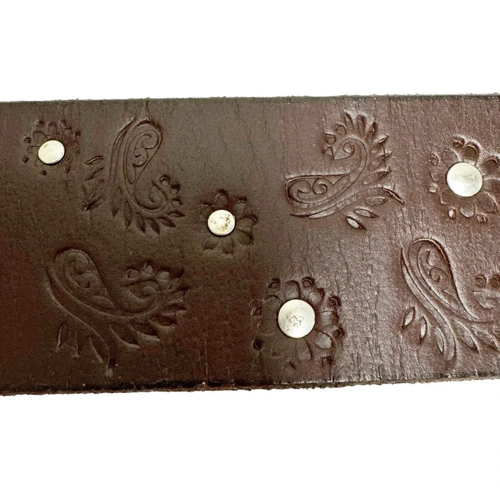 Lucky Brand Womens Size Large Brown‎ Leather Embossed Paisley Studded Belt NWT